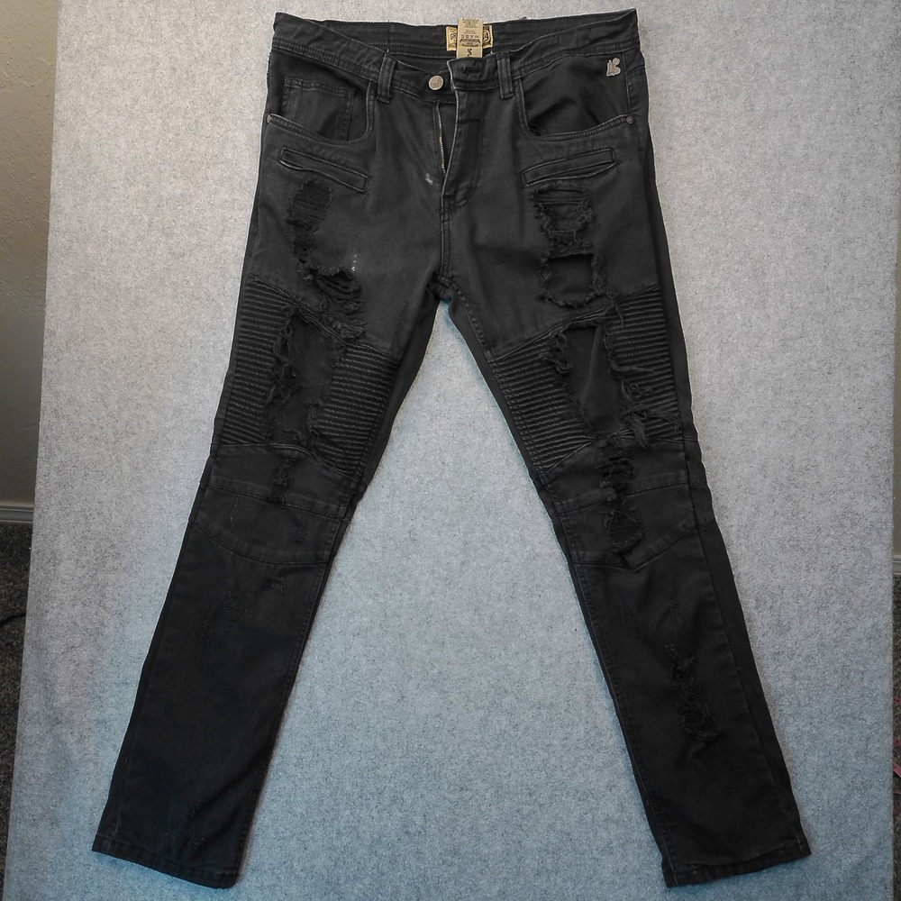 Grindhouse Denim Mens 34 Black Biker Moto Distressed Slim Fit Jeans Ribbed Knee